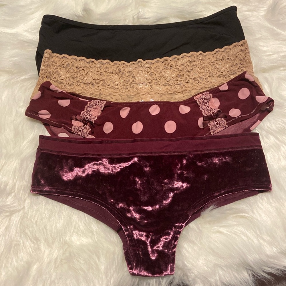 Victoria’s Secret 4 pairs panty bundle S NWOT burgundy black nude polka dots